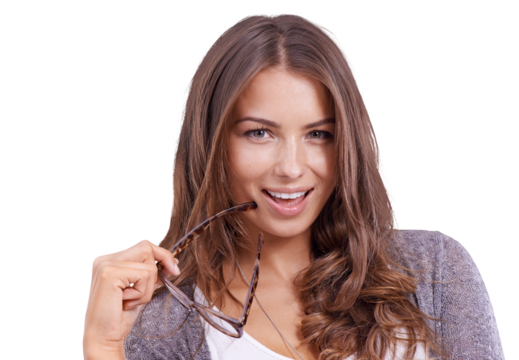 Flirt, glasses and girl in portrait in closeup for png or isolated and transparent background with smile. Happy, nerd and face with woman is stylish with positive attitude with causal outfit is cool.