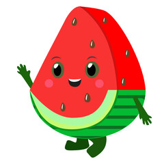 Fototapeta premium Watermelon Slice - a vector cartoon cute watermelon character. The red and juicy watermelon slice raised its hand and is smiling.