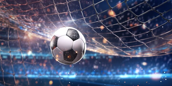 3d illustration soccer ball scores a goal and moves the net 3d illustratio