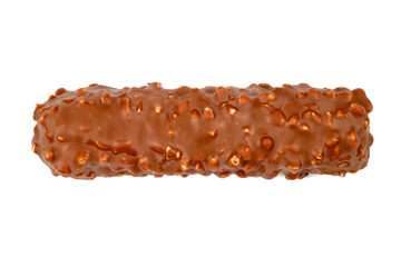 Chocolate bar with nuts isolated on a white background. Chocolate bar top view.