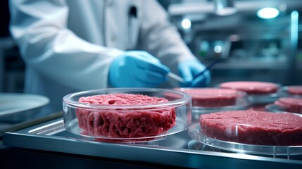 Cultured meat concept, a laboratory setting presents a petri dish nurturing lab-grown meat, promising sustainable food solutions. Generative AI