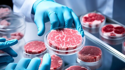 Cultured meat concept, a laboratory setting presents a petri dish nurturing lab-grown meat, promising sustainable food solutions. Generative AI