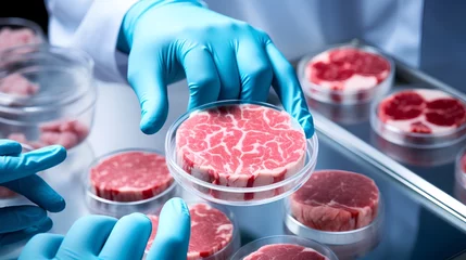 Fotobehang Cultured meat concept, a laboratory setting presents a petri dish nurturing lab-grown meat, promising sustainable food solutions. Generative AI © TensorSpark