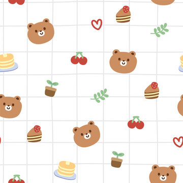Naklejka Seamless pattern of cute face teddy bear with tiny icon on white background.Wild animal cartoon.Pancake,cherry,cake strawberry,plant hand drawn.Kawaii.Vector.Illustration.