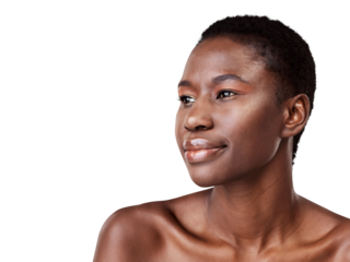 Natural, thinking and black woman with cosmetics, face and luxury isolated on a transparent background. Female person, decision and model with beauty, png and dermatology with wellness and skincare