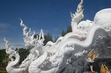 Fototapeta premium Large white outdoor reclining Buddha enshrined under the protection of the Serpent at Wat Don Khanak for peoples travel to pay homage to the holy things. Located at Nakhon Pathom Province in Thailand