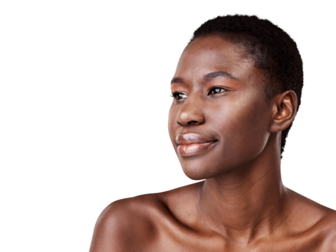 Natural, thinking and black woman with cosmetics, face and luxury isolated on a transparent background. Female person, decision and model with beauty, png and dermatology with wellness and skincare