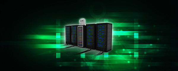3d illustration Data center server with office folder in pen drive
