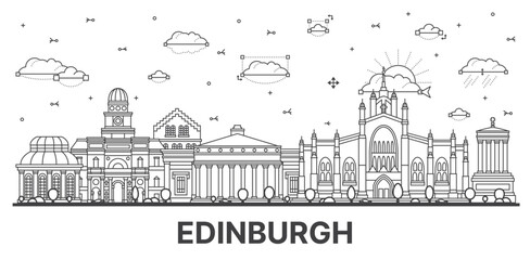 Outline Edinburgh Scotland City Skyline with Modern and Historic Buildings Isolated on White.