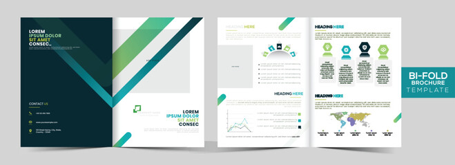 Front and Back View of Business Bi-Fold Brochure Template Layout, Annual Report in Green and White Color.
