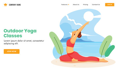 Outdoor Yoga Classes Based Landing Page Design with Illustration of Young Woman Doing Yoga in Ashwa Sanchalanasana Pose.
