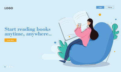 Landing Page or Hero Banner Design with Illustration of Young Girl Reading Book Anytime, Anywhere on Bean Bag for Education or Study Concept.