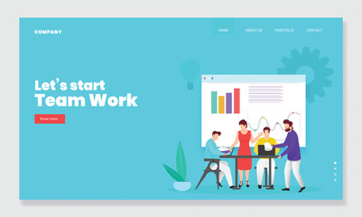 Teamwork Based Landing Page Design, Illustration of Business People Working Together at Workplace and Infographic Presentation.