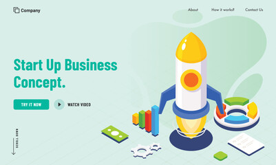 Start Up Business Concept Based Landing Page with Successful Launching Project of Rocket.