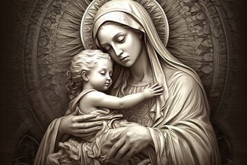 Photo illustration of the Orthodox Mother of God Virgin Mary with the baby biblical picture AI