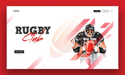 Rugby Club Landing Page or Hero Banner with Rugby Player Illustration in Abstract Style.