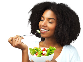 Salad, eating and a woman with healthy food for diet, weight loss and wellness. Black female model...