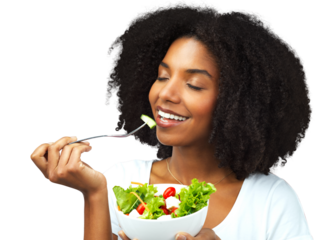 Salad, eating and a woman with healthy food for diet, weight loss and wellness. Black female model happy about vegetables or vegan meal and nutrition benefits isolated on transparent, png background
