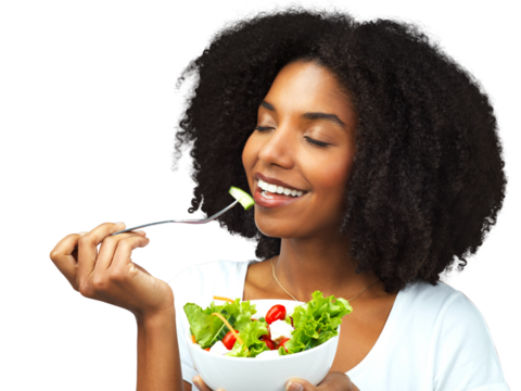 Salad, eating and a woman with healthy food for diet, weight loss and wellness. Black female model happy about vegetables or vegan meal and nutrition benefits isolated on transparent, png background - Powered by Adobe
