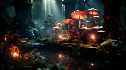 Naklejka premium A mystical fountain hidden deep within a labyrinthine forest, its water infused with ethereal hues