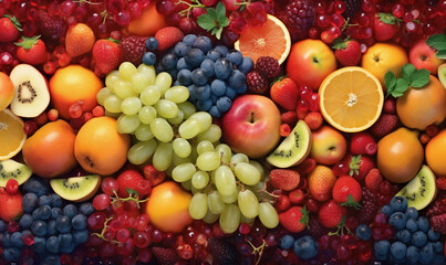 Naklejka na ściany i meble a bunch of fruit is shown in this picture, including oranges, grapes, apples, and grapes. generative ai