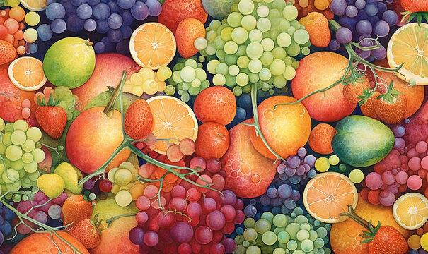  a painting of a bunch of fruit with oranges and grapes.  generative ai