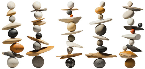 coastal form of stones stacked on top of each other in different shapes, a balance exercise and on a transparent background, Generative AI