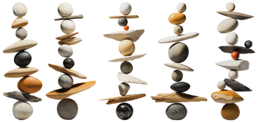 coastal form of stones stacked on top of each other in different shapes, a balance exercise and on a transparent background, Generative AI