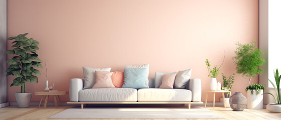 portrait of living room interior with minimalist style decoration and bright pastel color background, generative ai
