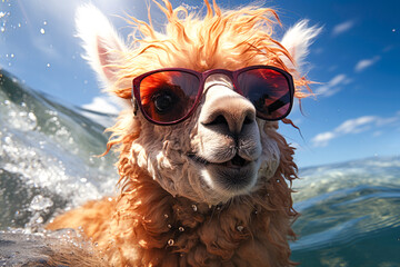 Cute alpaca wearing sunglasses swimming , wave water background , Generative Ai