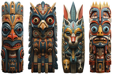 different indian colorful and artfully crafted totem poles on a transparent background, Generative AI