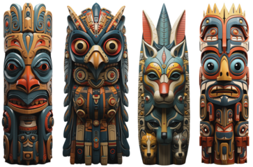 different indian colorful and artfully crafted totem poles on a transparent background, Generative AI