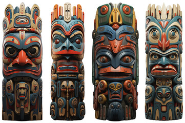 different indian colorful and beautifully crafted totem poles on a transparent background, Generative AI