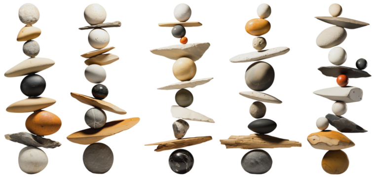 coastal form of stones stacked on top of each other in different shapes, a balance exercise and on a transparent background, Generative AI