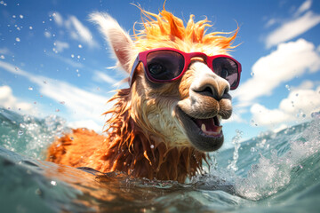 Cute alpaca wearing red sunglasses swimming , wave water background , Generative Ai