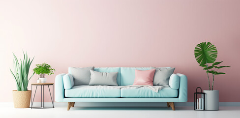 portrait of living room interior with minimalist style decoration and bright pastel color background, generative ai
