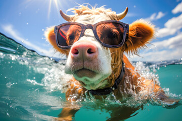 Cute cow wearing glasses swimming the beach in summer time and wave water background , Generative Ai