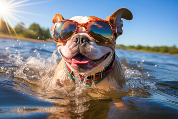 Cute Bulldog wearing glasses swimming the beach in summer time and wave water background , Generative Ai