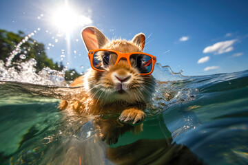 Cute Bunny Holland Lop Rabbit wearing glasses swimming the beach in summer time and wave water background , Generative Ai