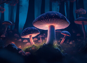 Naklejka na ściany i meble Fantasy mushroom their vibrant colors contrasting against the sunset. 