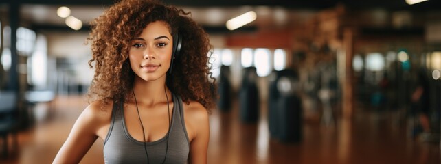 Beautiful young athletic afro american female with curly hair in gym