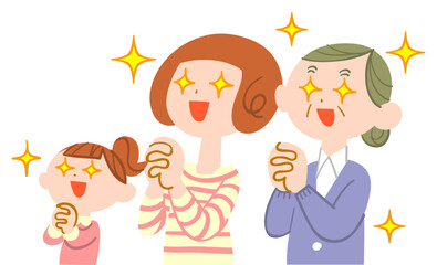 目を輝かせて祈る女性三世代
