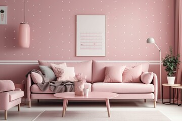 Contemporary pink living room with comfortable sofa and heart artwork on wall. Generative AI
