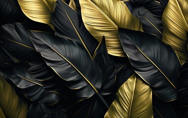 Gold and black tropical leaves pattern background. Tree foliage decoration design. Exotic botanical design for cosmetics, spa, textile.