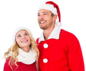 Digital png photo of happy caucasian couple in santa hat, christmas outfit on transparent background