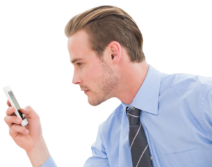 Digital png photo of caucasian businessman using smartphone on transparent background