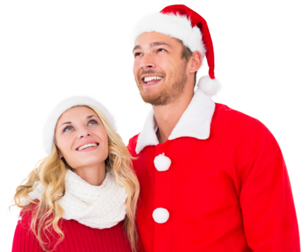 Digital png photo of happy caucasian couple in santa hat, christmas outfit on transparent background