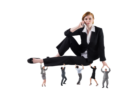 Digital png photo of people with caucasian businesswoman with smartphone on transparent background