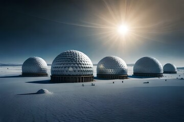 Obraz premium A cluster of transparent geodesic domes housing a lunar research facility, where scientists and researchers conduct experiments and study the unique properties of the moon.