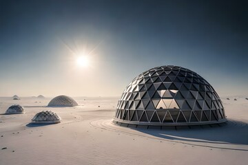 A cluster of transparent geodesic domes housing a lunar research facility, where scientists and researchers conduct experiments and study the unique properties of the moon.